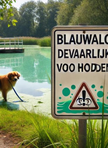 A_serene_summer_scene_by_a_lake_or_pond_with_a_warning_sign